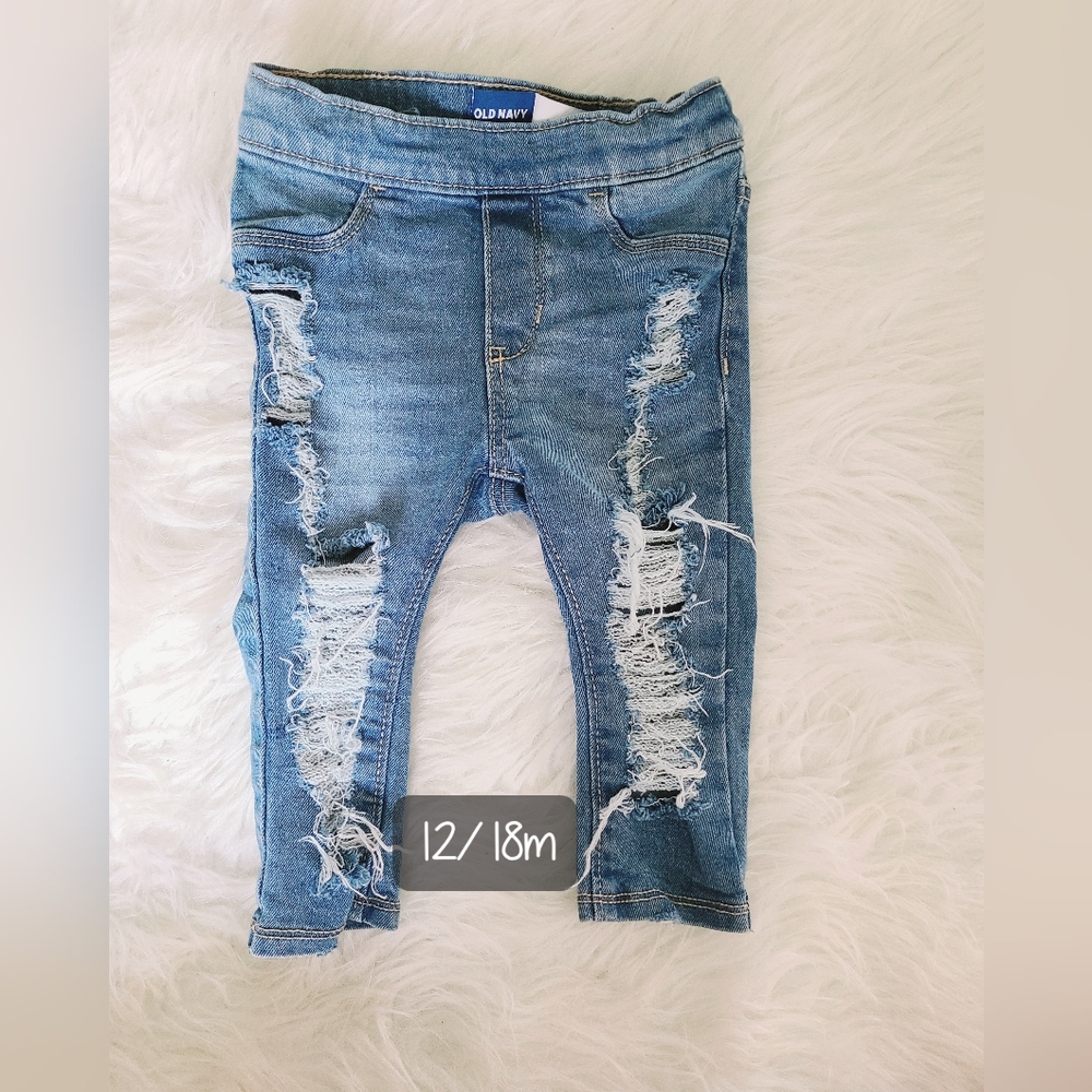 12/18m hand distressed jeans -old navy - adjustable waist -straight leg -EUC